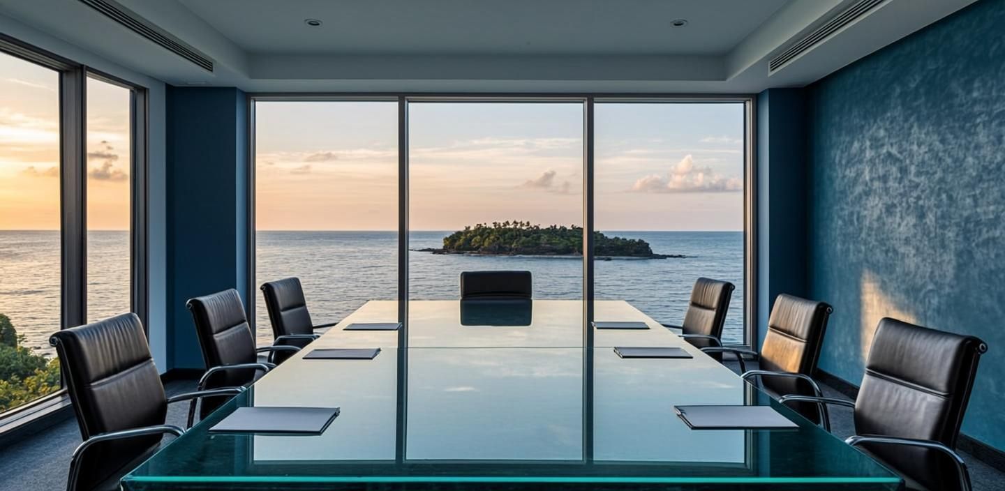 Professional looking toward a Caribbean landscape, representing accountable action